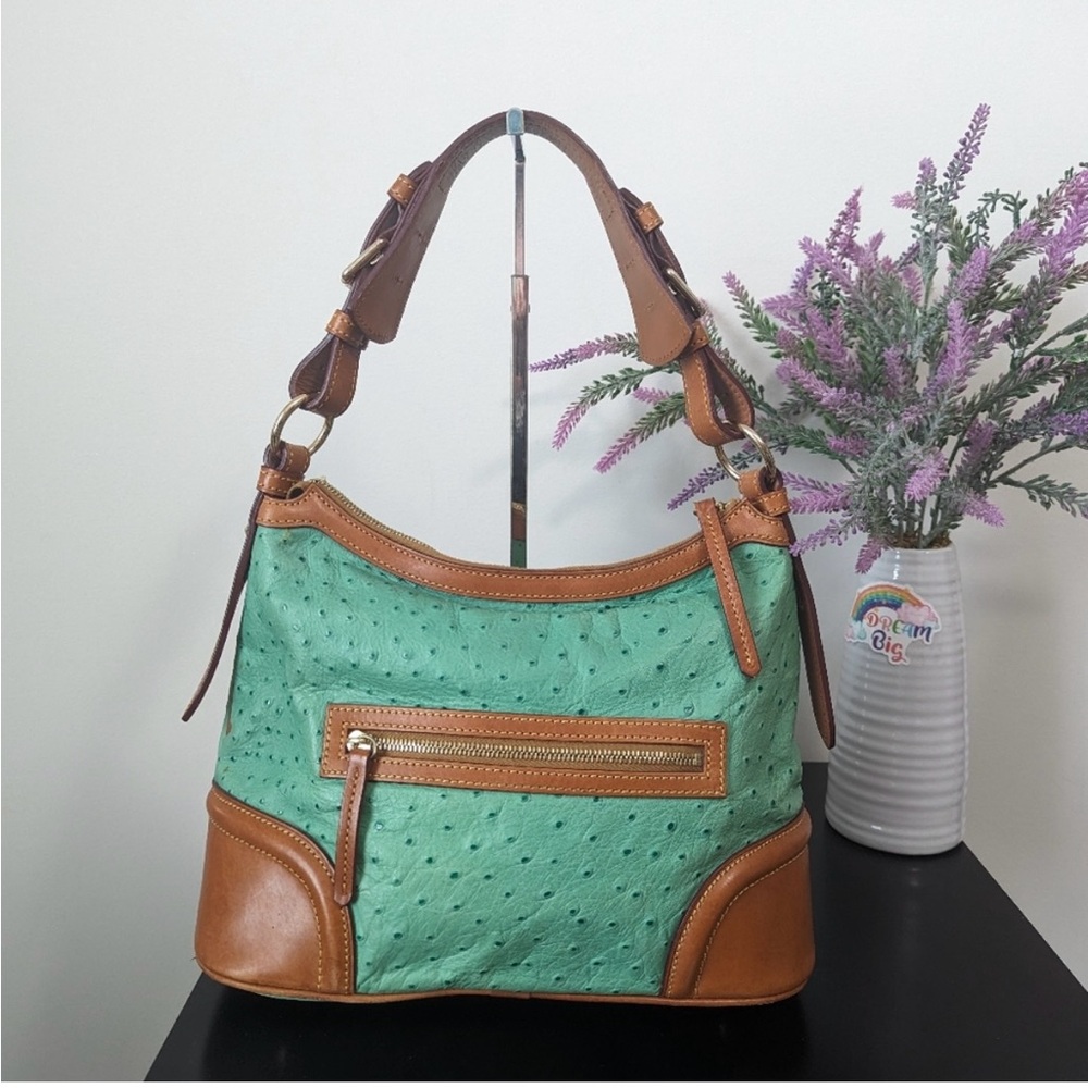 Dooney and Bourke Ostrich Embossed Leather Hobo Handbag in Spearmint - Picture 2 of 5